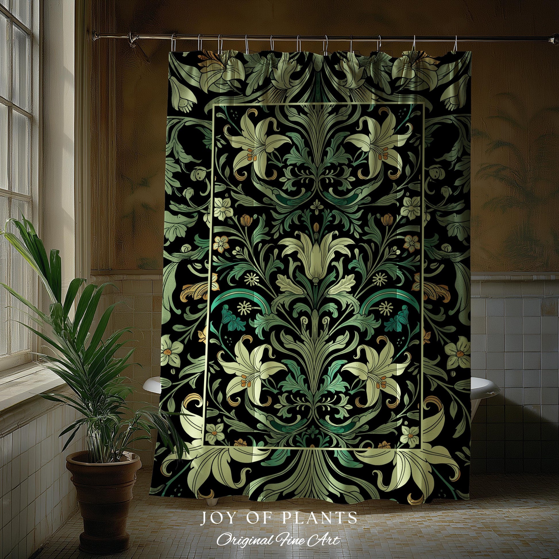Ornate Green Botanical Shower Curtain Art Nouveau Victorian Floral William Morris Inspired Decor | Elegant Bathroom Lily Flower Cottagecore