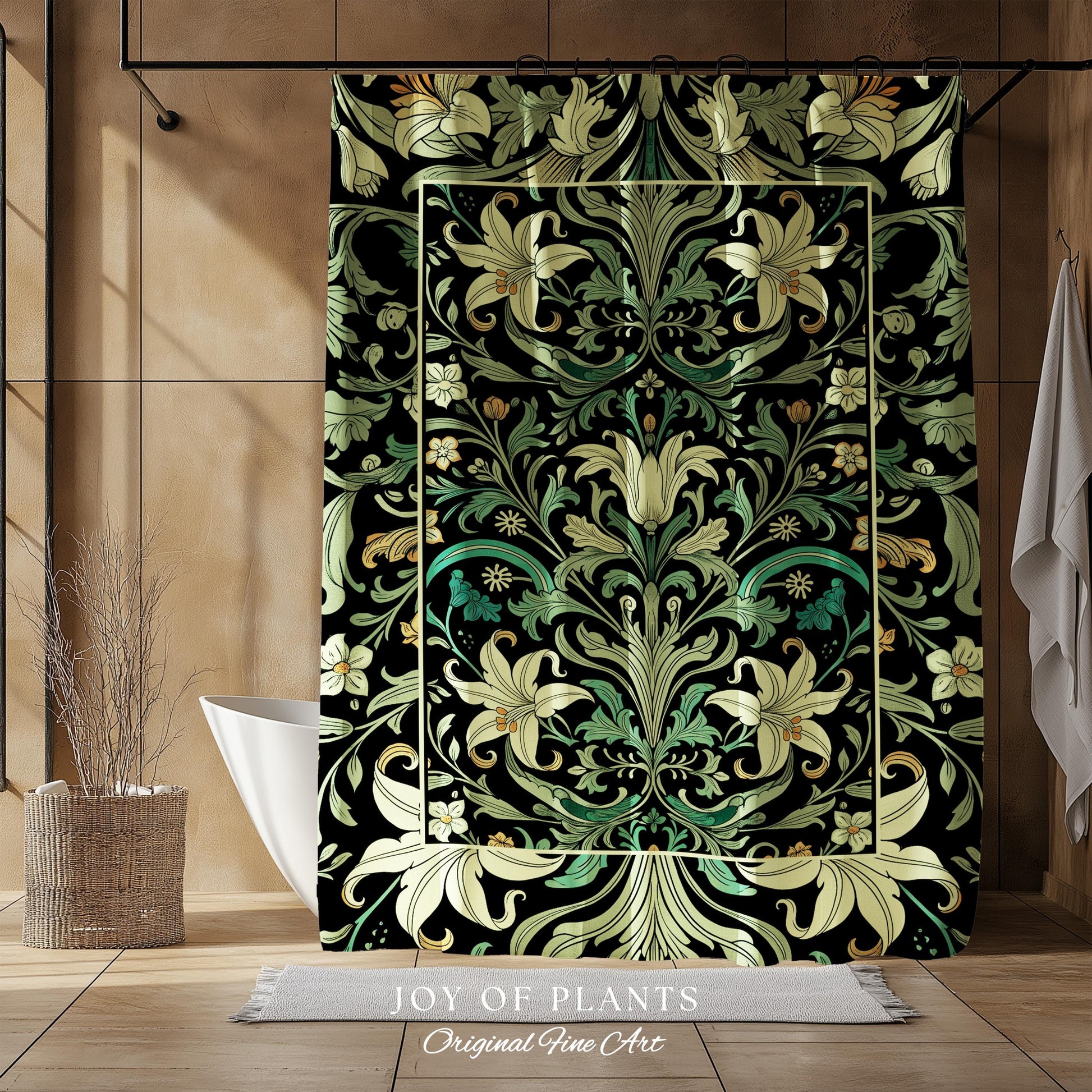 Ornate Green Botanical Shower Curtain Art Nouveau Victorian Floral William Morris Inspired Decor | Elegant Bathroom Lily Flower Cottagecore