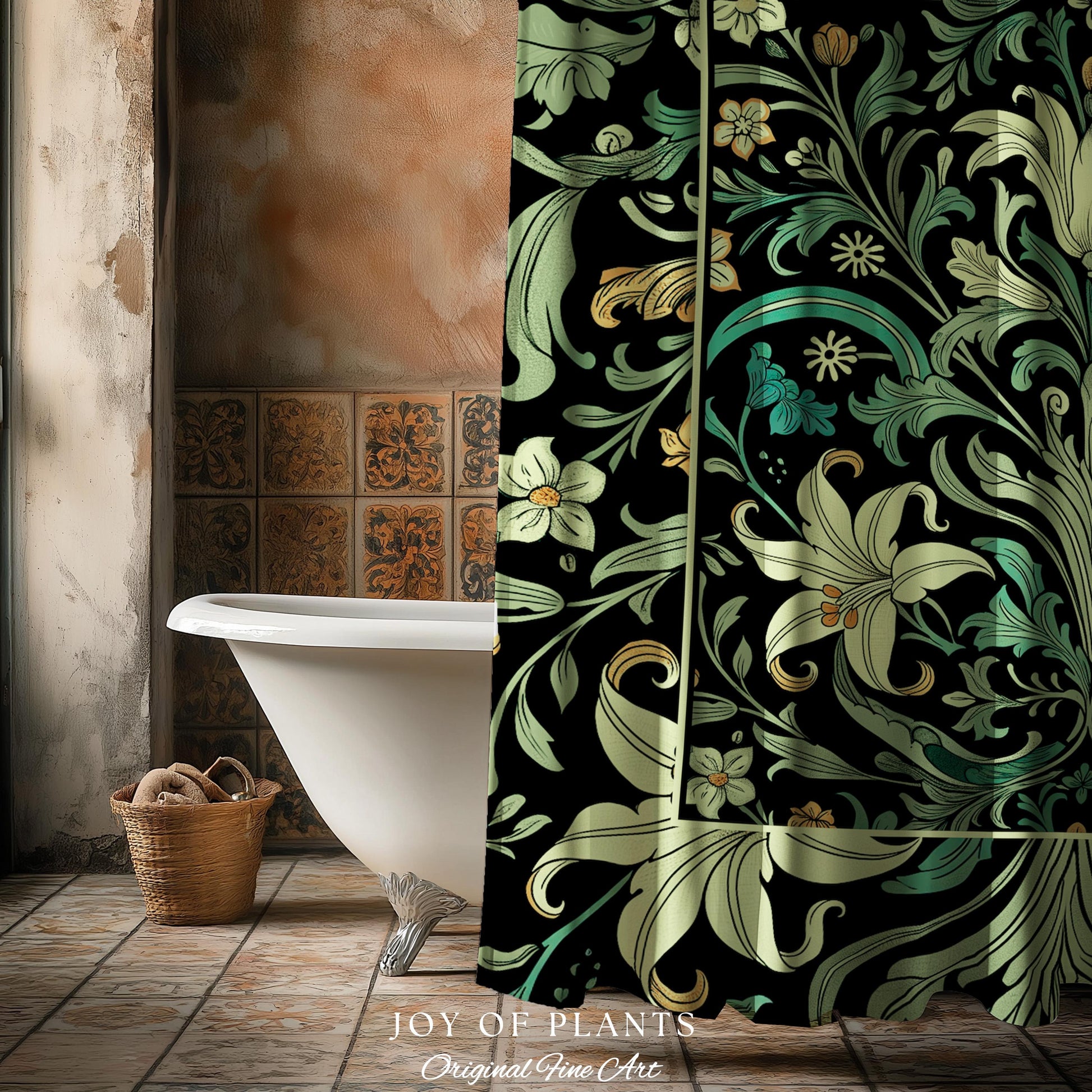 Ornate Green Botanical Shower Curtain Art Nouveau Victorian Floral William Morris Inspired Decor | Elegant Bathroom Lily Flower Cottagecore