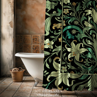 Ornate Green Botanical Shower Curtain Art Nouveau Victorian Floral William Morris Inspired Decor | Elegant Bathroom Lily Flower Cottagecore