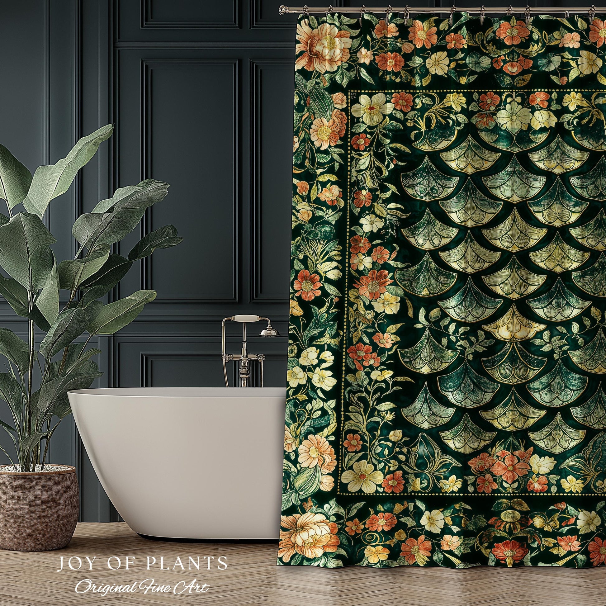 Regal Enchanted Dragon Scale Shower Curtain | Gothic Fairytale Bathroom Accent Medieval Floral Dark Academia Elegant Bathroom Decor Colorful