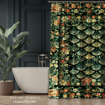 Regal Enchanted Dragon Scale Shower Curtain | Gothic Fairytale Bathroom Accent Medieval Floral Dark Academia Elegant Bathroom Decor Colorful