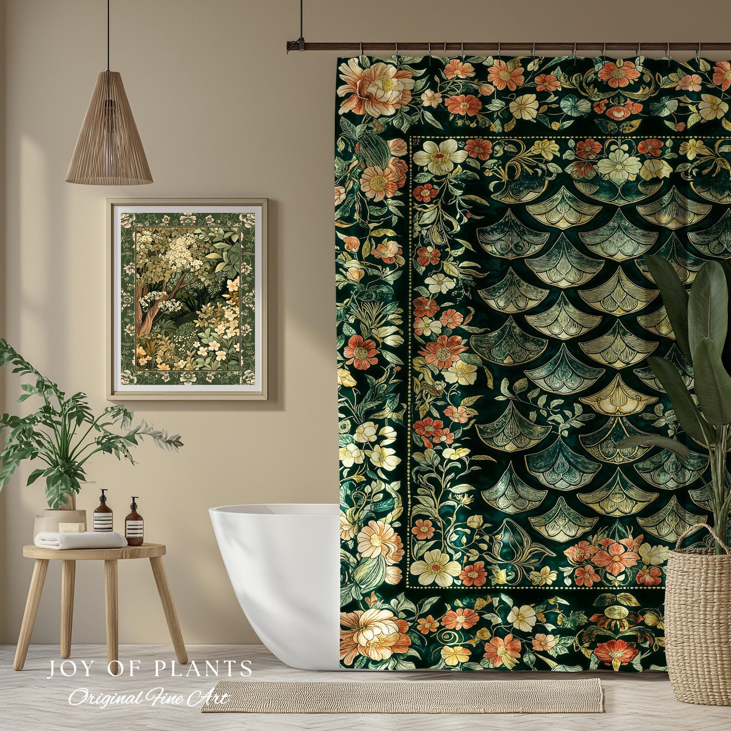 Regal Enchanted Dragon Scale Shower Curtain | Gothic Fairytale Bathroom Accent Medieval Floral Dark Academia Elegant Bathroom Decor Colorful
