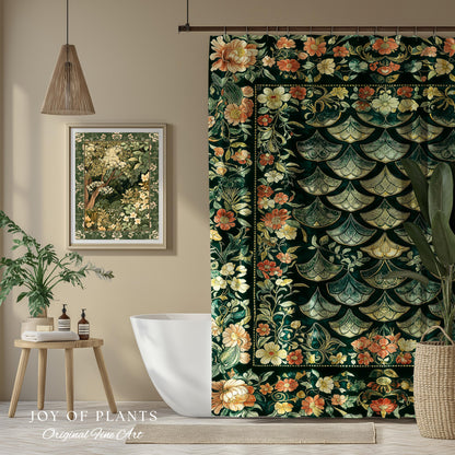 Regal Enchanted Dragon Scale Shower Curtain | Gothic Fairytale Bathroom Accent Medieval Floral Dark Academia Elegant Bathroom Decor Colorful