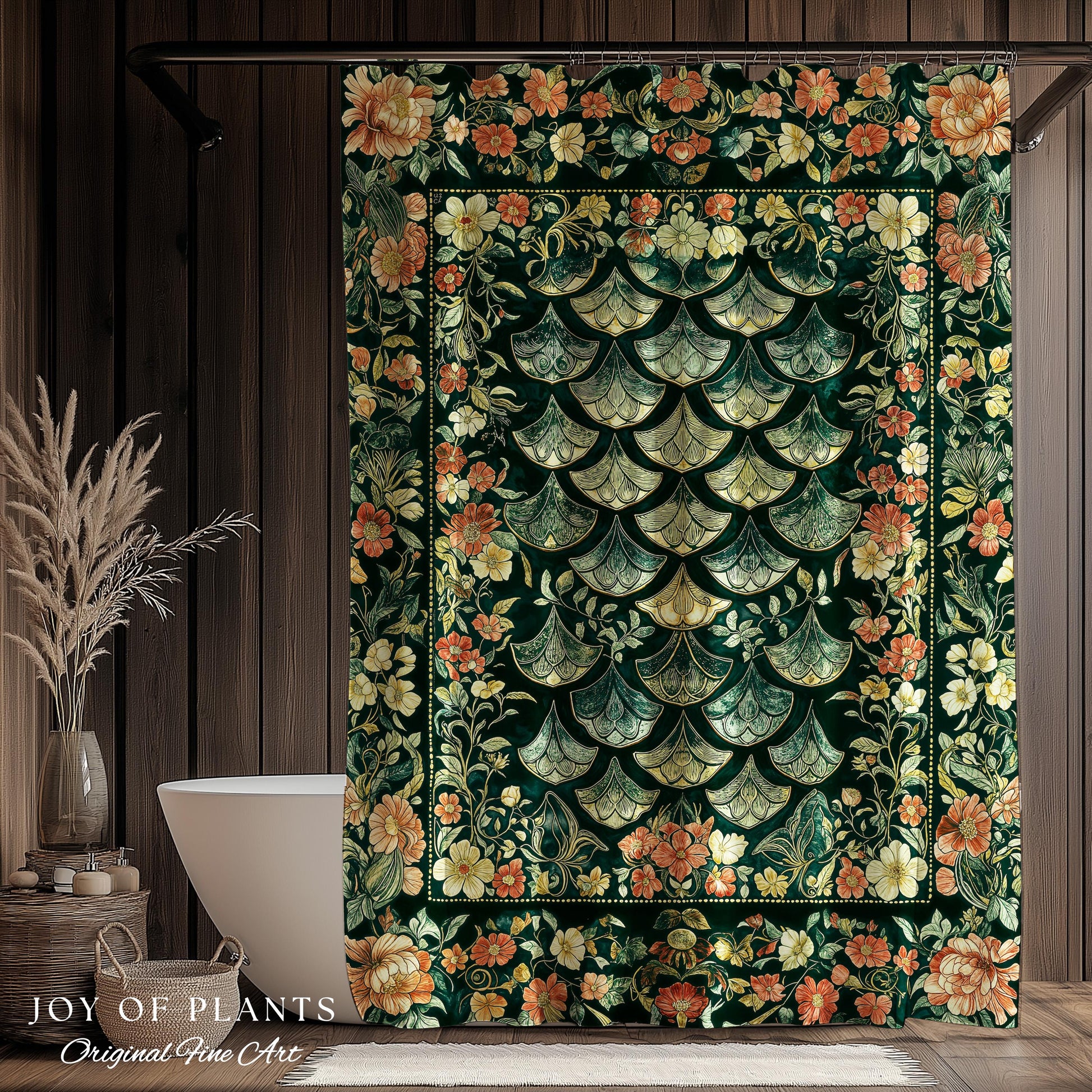 Regal Enchanted Dragon Scale Shower Curtain | Gothic Fairytale Bathroom Accent Medieval Floral Dark Academia Elegant Bathroom Decor Colorful