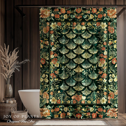 Regal Enchanted Dragon Scale Shower Curtain | Gothic Fairytale Bathroom Accent Medieval Floral Dark Academia Elegant Bathroom Decor Colorful