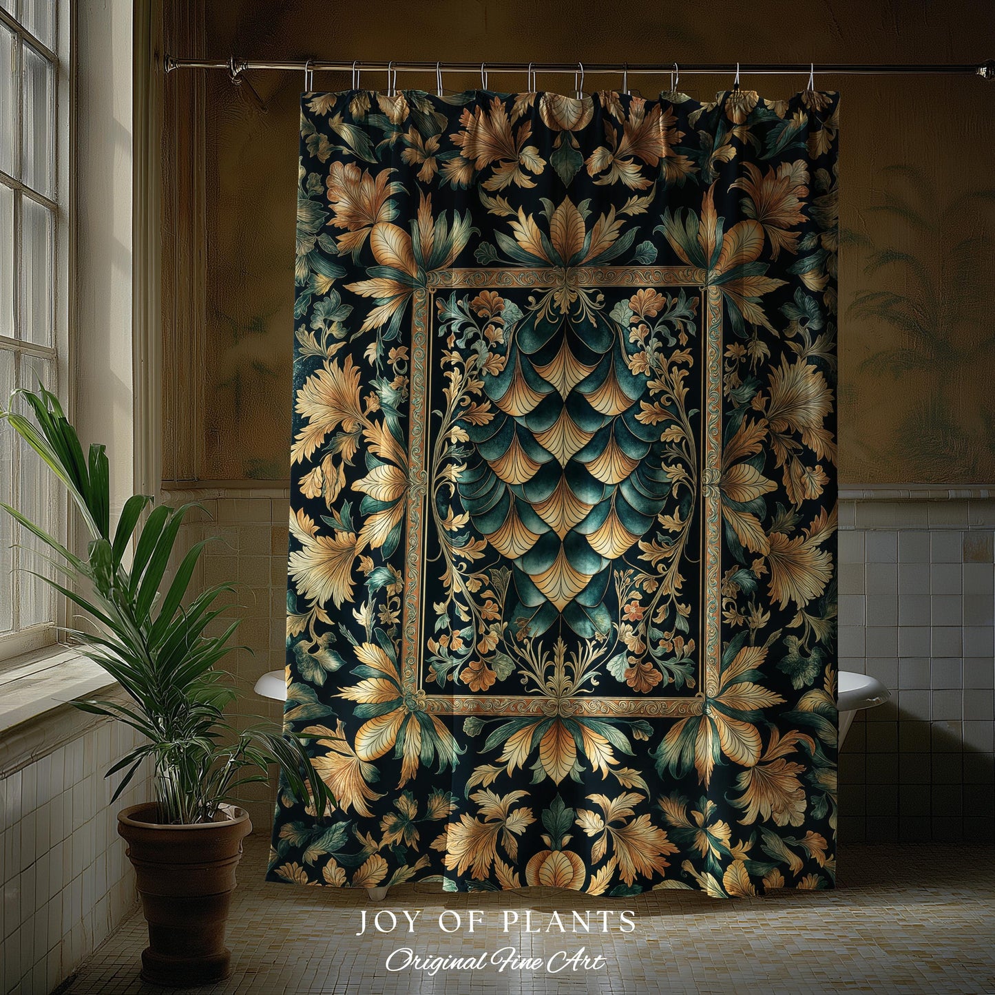 Ethereal Fairycore Art Deco Shower Curtain | Whimsical Gothic Dragon Scale Medieval Bathroom Enchanted Storybook Elegant Decor Fairytale Art