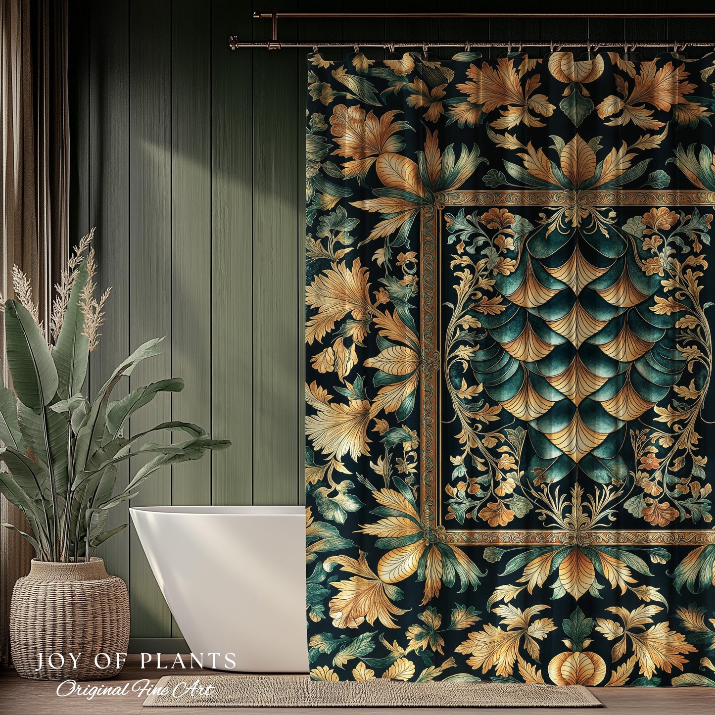 Ethereal Fairycore Art Deco Shower Curtain | Whimsical Gothic Dragon Scale Medieval Bathroom Enchanted Storybook Elegant Decor Fairytale Art
