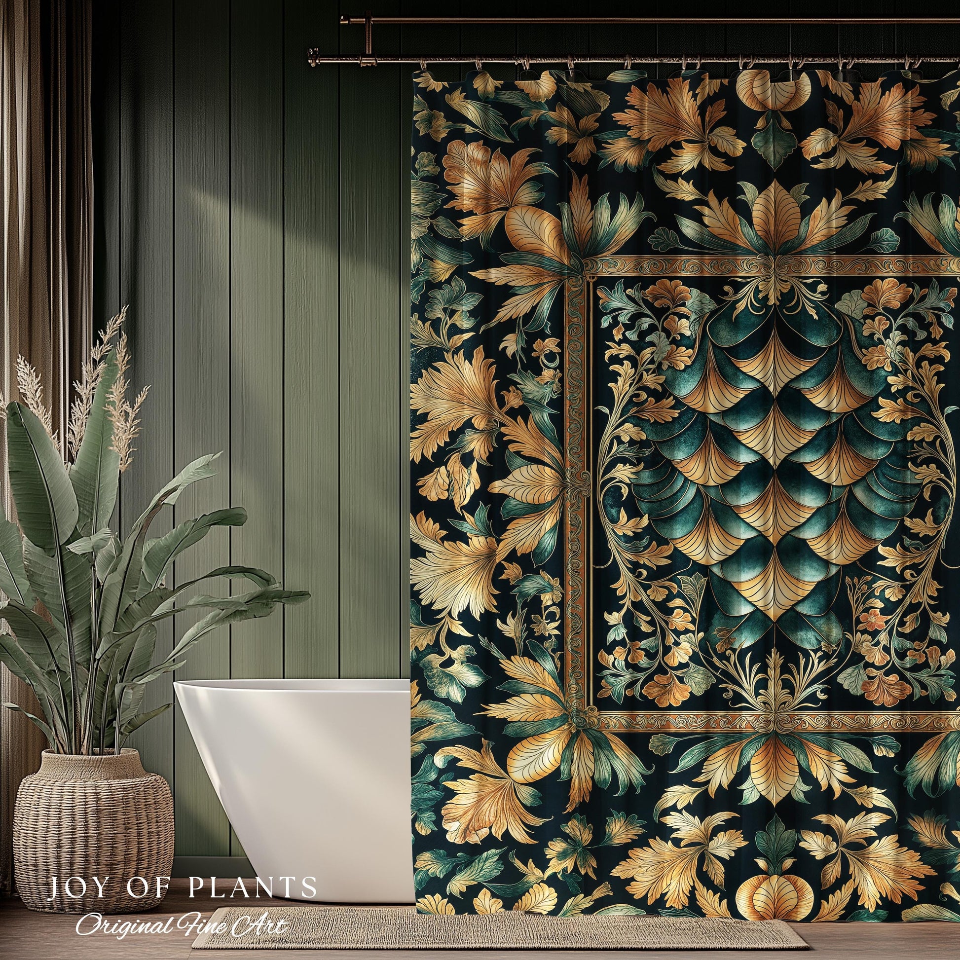 Ethereal Fairycore Art Deco Shower Curtain | Whimsical Gothic Dragon Scale Medieval Bathroom Enchanted Storybook Elegant Decor Fairytale Art