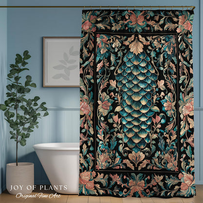 Pastel Mystic Fairytale Shower Curtain | Gothic Dragon Scale Bathroom Decor Princesscore Ethereal Floral Cottagecore Accent Medieval Design