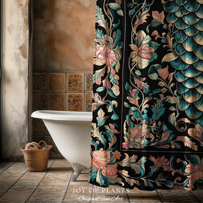 Pastel Mystic Fairytale Shower Curtain | Gothic Dragon Scale Bathroom Decor Princesscore Ethereal Floral Cottagecore Accent Medieval Design