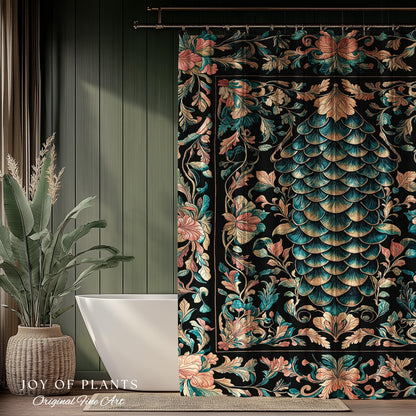 Pastel Mystic Fairytale Shower Curtain | Gothic Dragon Scale Bathroom Decor Princesscore Ethereal Floral Cottagecore Accent Medieval Design