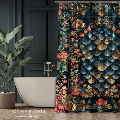 Romantic Baroque Dragon Scale Shower Curtain | Mystic Fairytale Gothic Bathroom Accent Ornate Floral Dark Academia Style Medieval Academia |