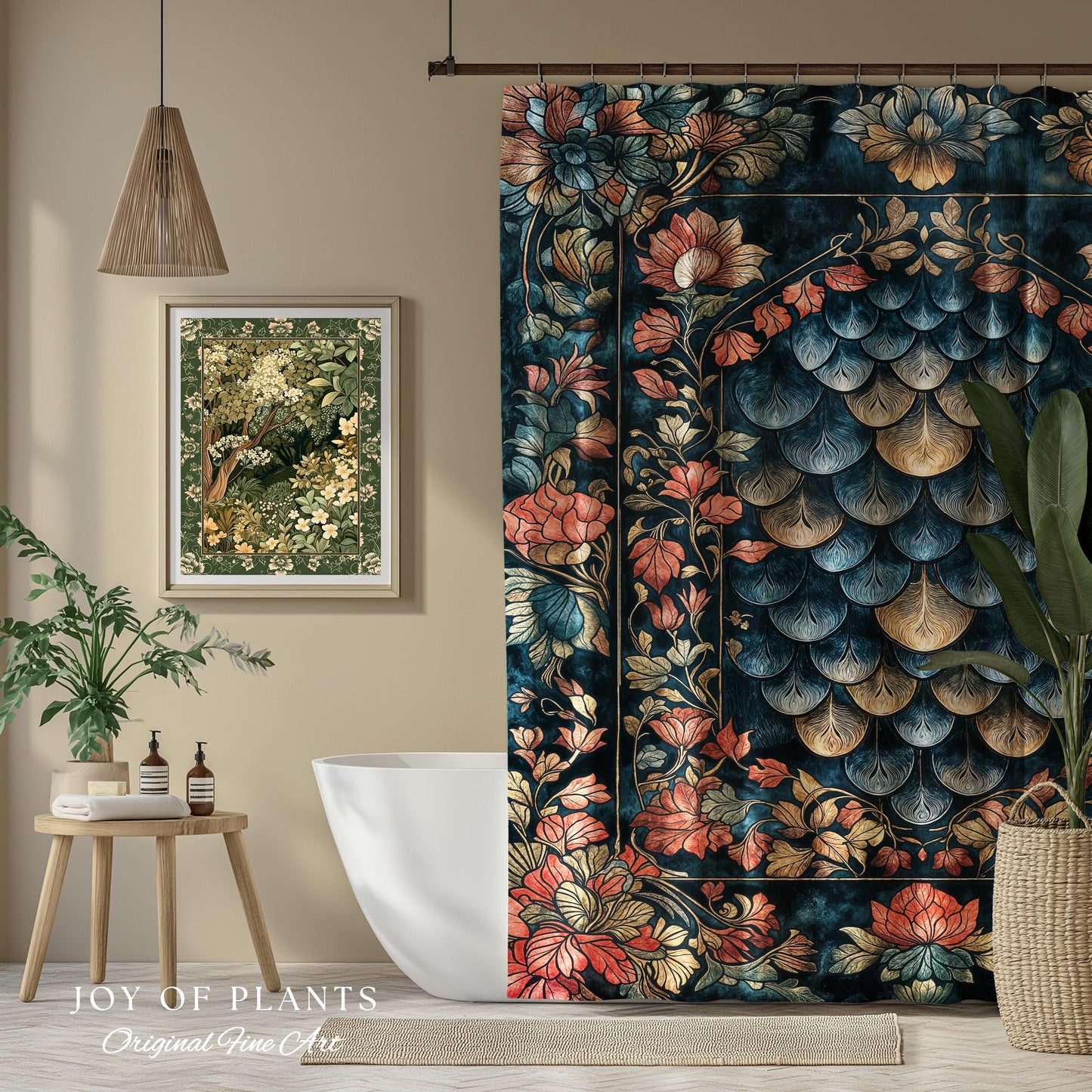 Romantic Baroque Dragon Scale Shower Curtain | Mystic Fairytale Gothic Bathroom Accent Ornate Floral Dark Academia Style Medieval Academia |