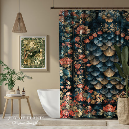 Romantic Baroque Dragon Scale Shower Curtain | Mystic Fairytale Gothic Bathroom Accent Ornate Floral Dark Academia Style Medieval Academia |