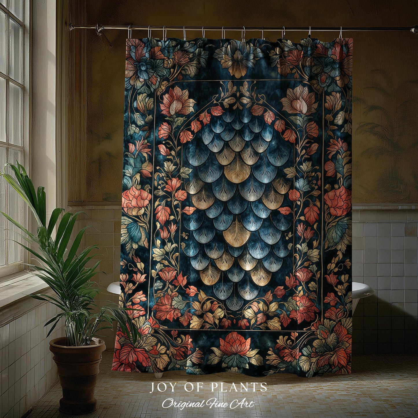 Romantic Baroque Dragon Scale Shower Curtain | Mystic Fairytale Gothic Bathroom Accent Ornate Floral Dark Academia Style Medieval Academia |