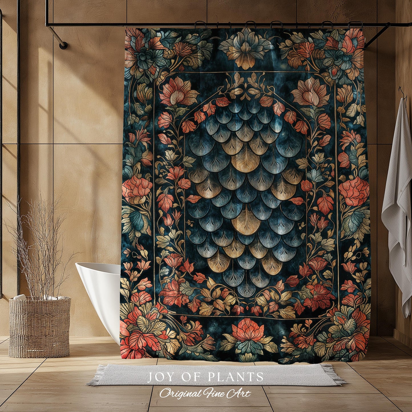Romantic Baroque Dragon Scale Shower Curtain | Mystic Fairytale Gothic Bathroom Accent Ornate Floral Dark Academia Style Medieval Academia |