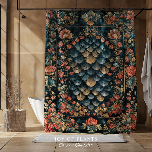 Romantic Baroque Dragon Scale Shower Curtain | Mystic Fairytale Gothic Bathroom Accent Ornate Floral Dark Academia Style Medieval Academia |