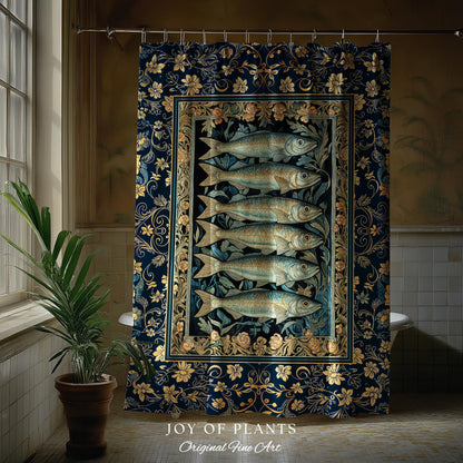 Rustic Nautical Sardine Shower Curtain | Costal Aesthetic for Beach House Sea Lover Bathroom Accent Ocean Inspired Marine Decor Sardine Art