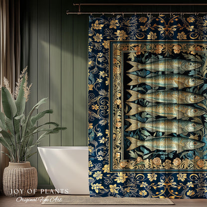 Rustic Nautical Sardine Shower Curtain | Costal Aesthetic for Beach House Sea Lover Bathroom Accent Ocean Inspired Marine Decor Sardine Art