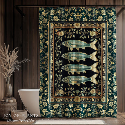 Costal Theme Eclectic Sardine Shower Curtain | Beachy Bathroom Accent Ocean Inspired Costal Aesthetic Mermaidcore Sea Lover Wall Decor Indie