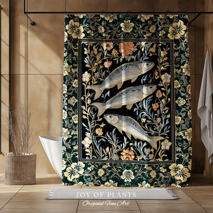 Beachy Costal Fish Shower Curtain | Sea Life Marine Bathroom Sardine Throw Ocean Inspired Design Sea Lover Bath Decor Maritime Aesthetic |