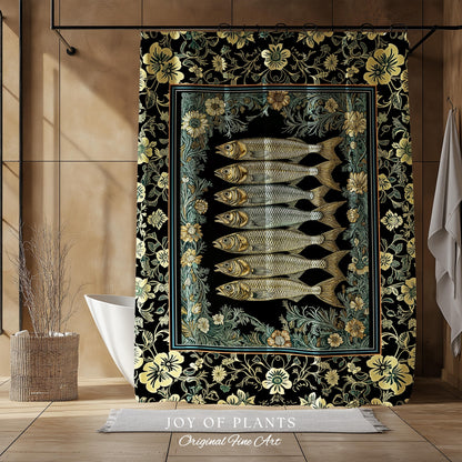 Ocean Folklore Nautical Sardine Shower curtain | Oceancore Bathroom Costal Fish Marine Life Home Accent Ocean Inspired Fish Aesthetic Bath
