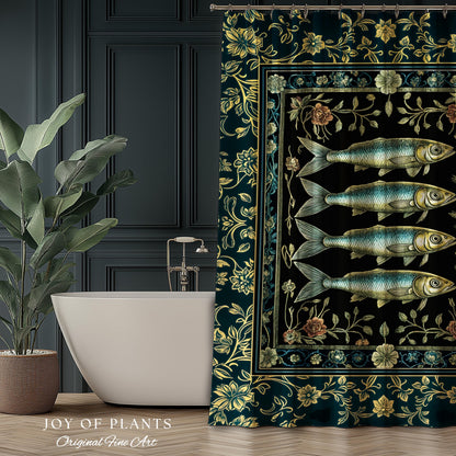 Marine Magic Sardine Shower Curtain | Sea Life Coastal Folklore Nautical Maximalist Bathroom Rustic Oceancore Costal Fish Marine Aesthetic |