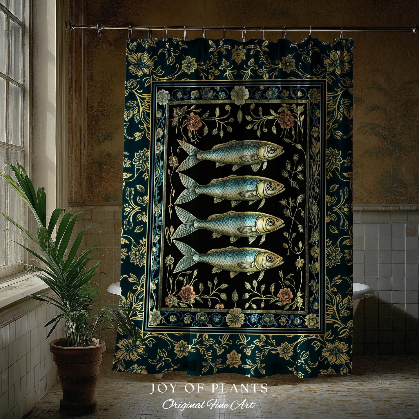 Marine Magic Sardine Shower Curtain | Sea Life Coastal Folklore Nautical Maximalist Bathroom Rustic Oceancore Costal Fish Marine Aesthetic |