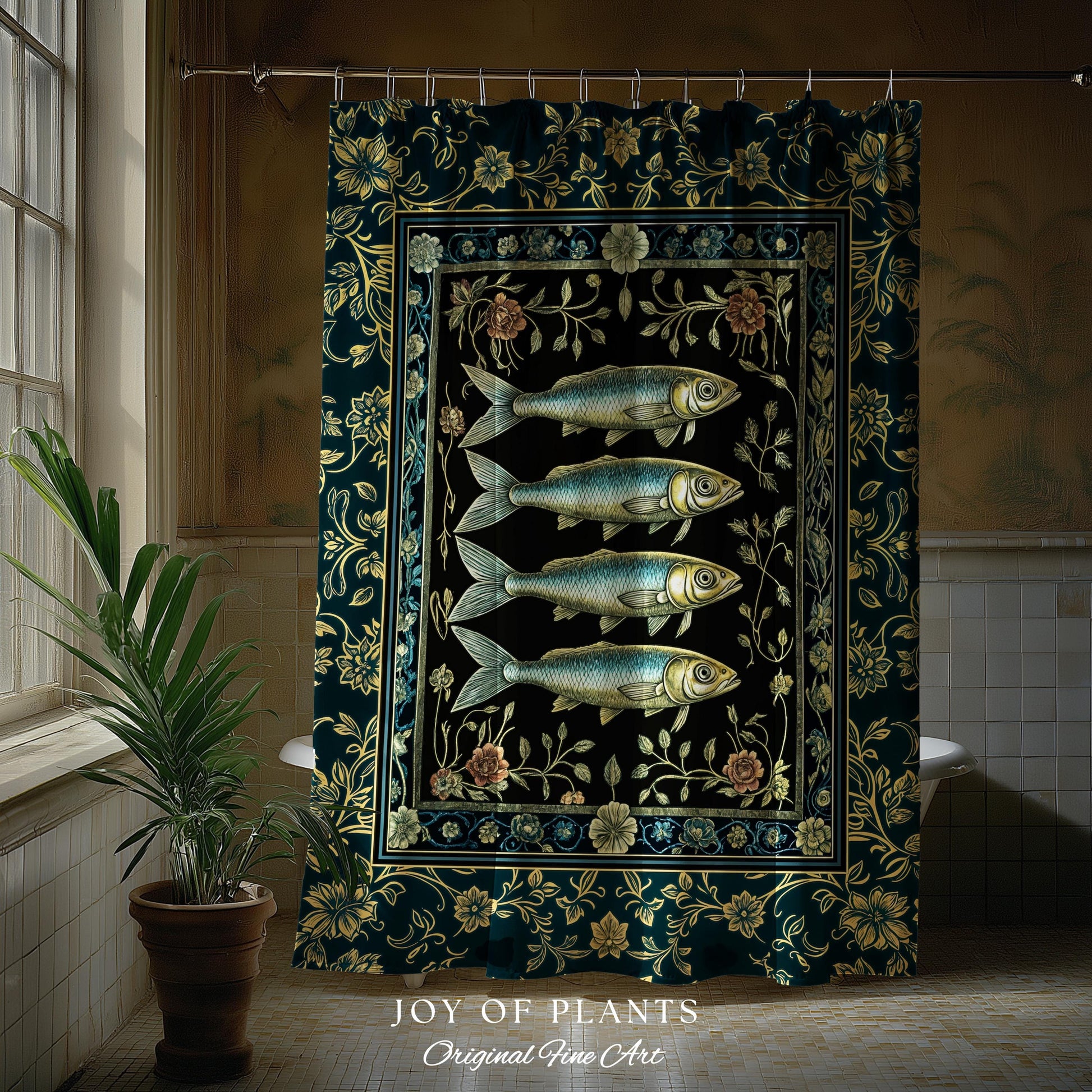 Marine Magic Sardine Shower Curtain | Sea Life Coastal Folklore Nautical Maximalist Bathroom Rustic Oceancore Costal Fish Marine Aesthetic |