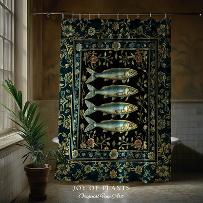 Marine Magic Sardine Shower Curtain | Sea Life Coastal Folklore Nautical Maximalist Bathroom Rustic Oceancore Costal Fish Marine Aesthetic |
