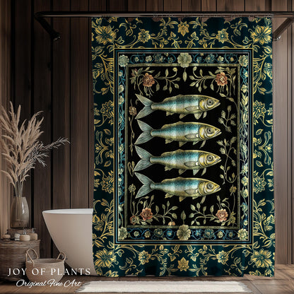 Marine Magic Sardine Shower Curtain | Sea Life Coastal Folklore Nautical Maximalist Bathroom Rustic Oceancore Costal Fish Marine Aesthetic |