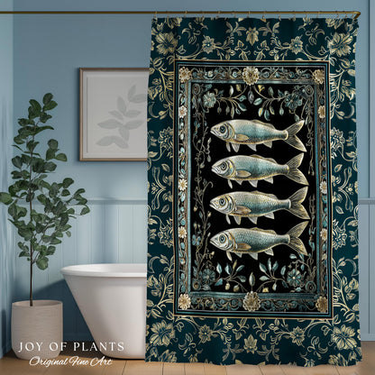 Maximalist Sea Life Sardine Shower Curtain | Coastal Folklore Bathroom Nautical Rustic Oceancore Costal Fish Marine Themed Decor Bath Decor