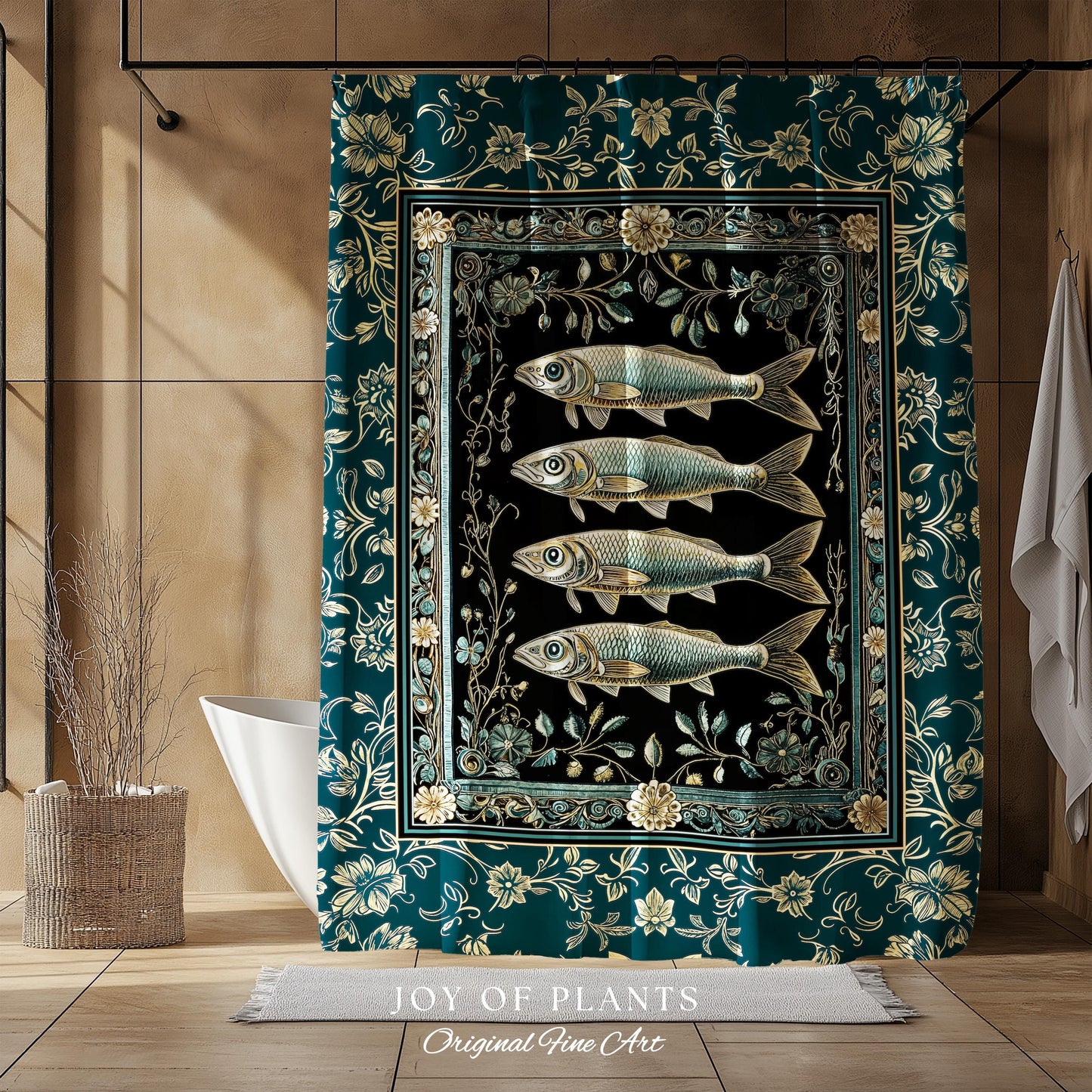 Maximalist Sea Life Sardine Shower Curtain | Coastal Folklore Bathroom Nautical Rustic Oceancore Costal Fish Marine Themed Decor Bath Decor