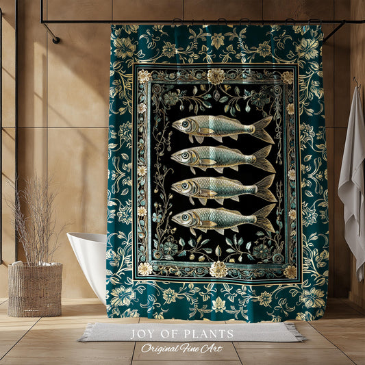 Maximalist Sea Life Sardine Shower Curtain | Coastal Folklore Bathroom Nautical Rustic Oceancore Costal Fish Marine Themed Decor Bath Decor