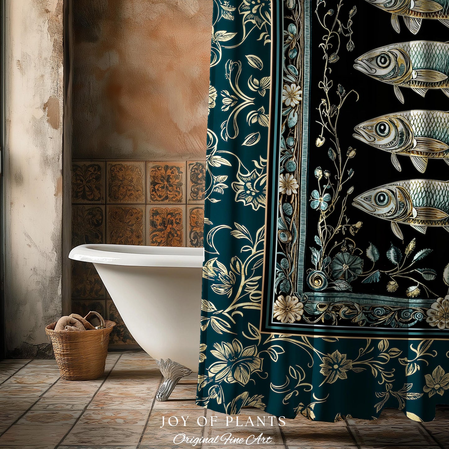 Maximalist Sea Life Sardine Shower Curtain | Coastal Folklore Bathroom Nautical Rustic Oceancore Costal Fish Marine Themed Decor Bath Decor