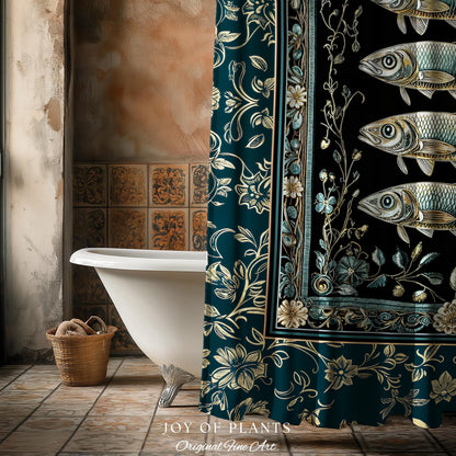 Maximalist Sea Life Sardine Shower Curtain | Coastal Folklore Bathroom Nautical Rustic Oceancore Costal Fish Marine Themed Decor Bath Decor