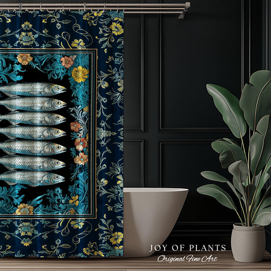 Trendy Coastal Aesthetic Shower Curtain | Eclectic Maximalist Modern Sea Life Bathroom Indie Sardine Bath Art Rustic Nautical Fish Decor |