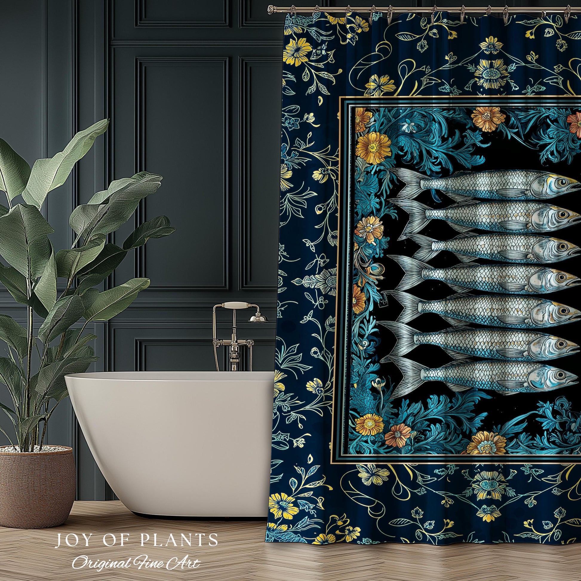 Trendy Coastal Aesthetic Shower Curtain | Eclectic Maximalist Modern Sea Life Bathroom Indie Sardine Bath Art Rustic Nautical Fish Decor |