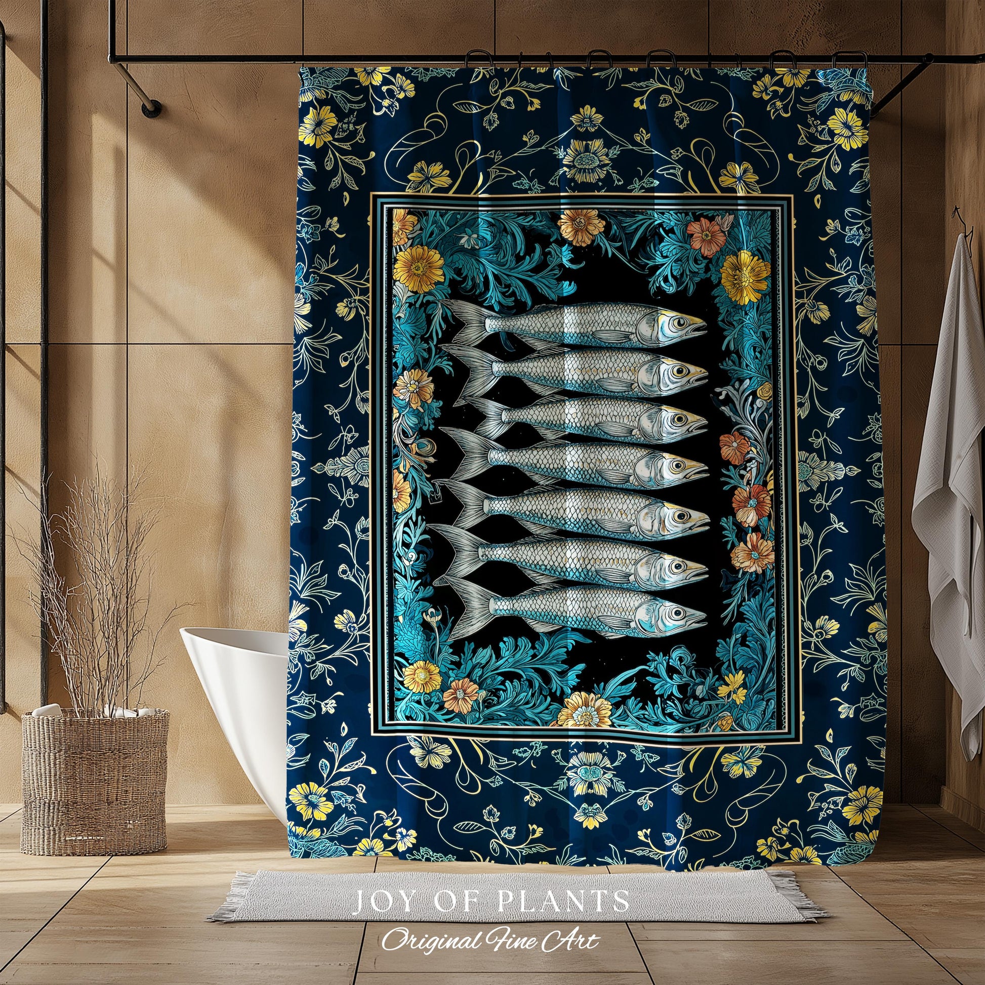 Trendy Coastal Aesthetic Shower Curtain | Eclectic Maximalist Modern Sea Life Bathroom Indie Sardine Bath Art Rustic Nautical Fish Decor |
