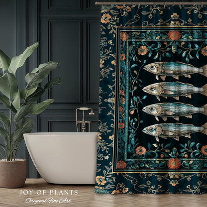 Modern Lake House Cozy Bathroom Decor | Indie Coastal Themed Shower Curtain Ocean Eclectic Sea Life Sardine Wall Art Rustic Mermaid Style