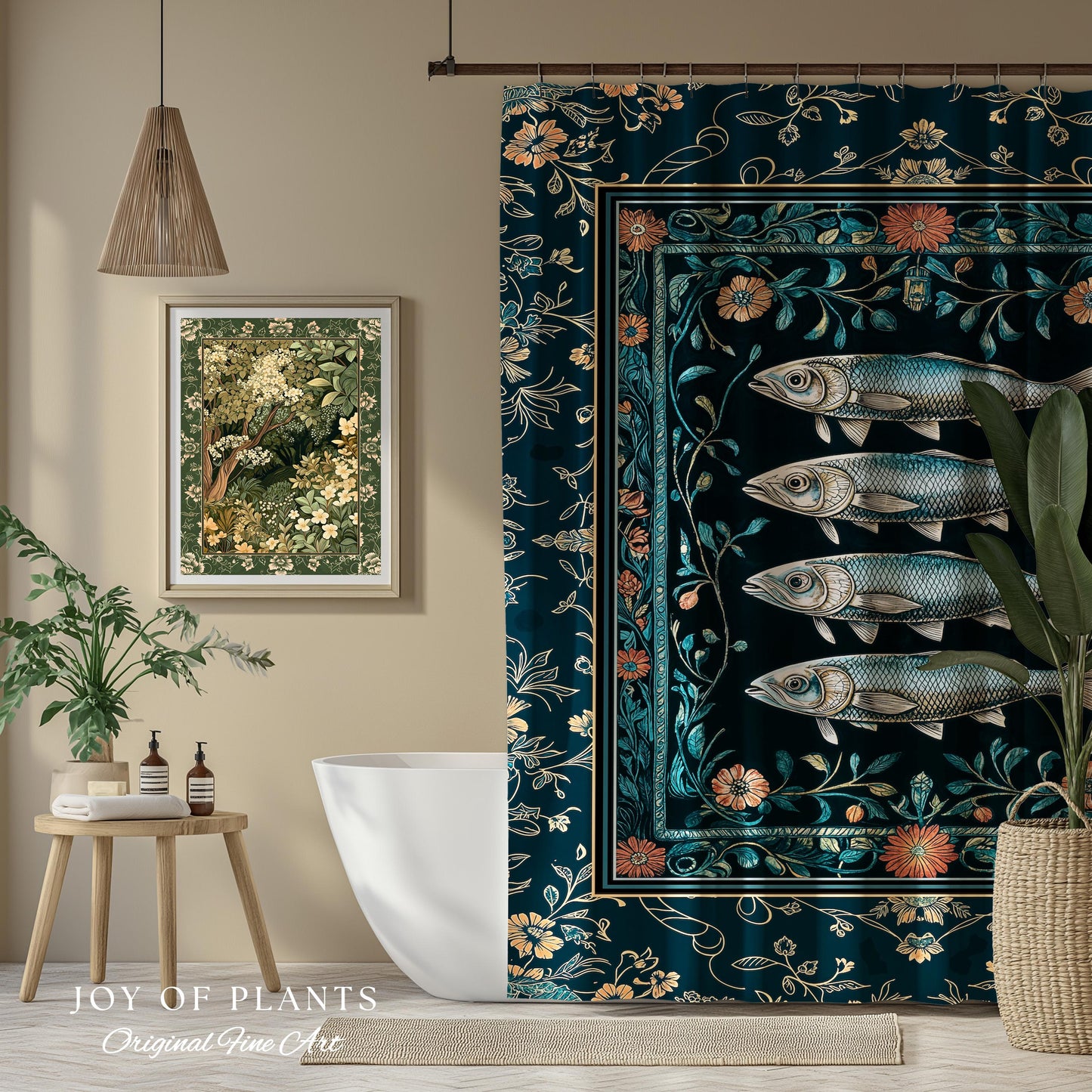 Modern Lake House Cozy Bathroom Decor | Indie Coastal Themed Shower Curtain Ocean Eclectic Sea Life Sardine Wall Art Rustic Mermaid Style