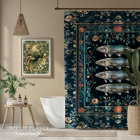 Modern Lake House Cozy Bathroom Decor | Indie Coastal Themed Shower Curtain Ocean Eclectic Sea Life Sardine Wall Art Rustic Mermaid Style