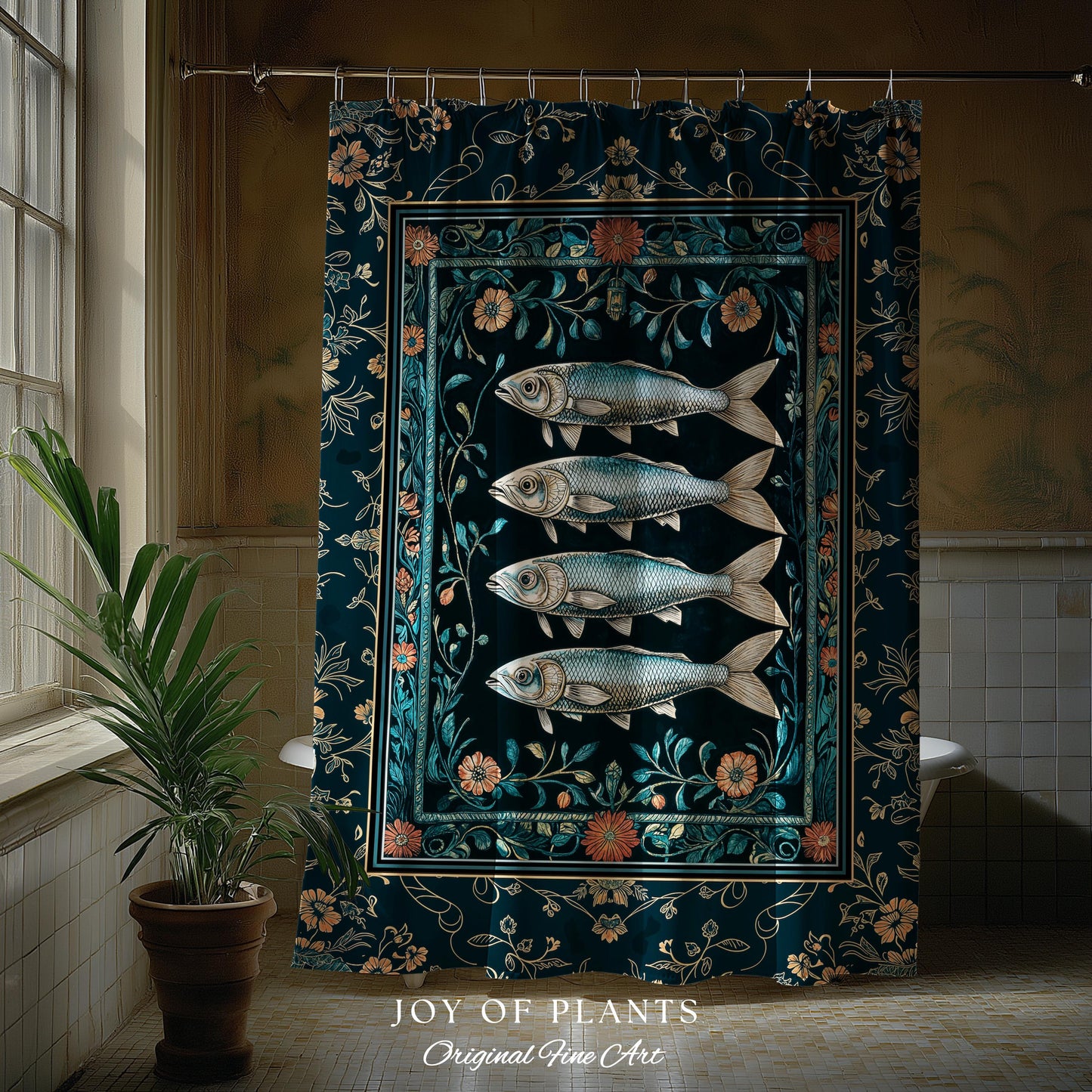 Modern Lake House Cozy Bathroom Decor | Indie Coastal Themed Shower Curtain Ocean Eclectic Sea Life Sardine Wall Art Rustic Mermaid Style