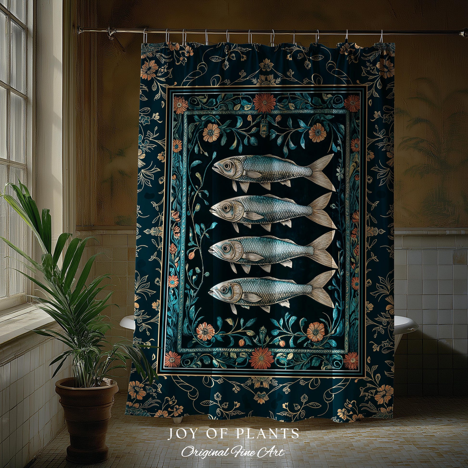Modern Lake House Cozy Bathroom Decor | Indie Coastal Themed Shower Curtain Ocean Eclectic Sea Life Sardine Wall Art Rustic Mermaid Style