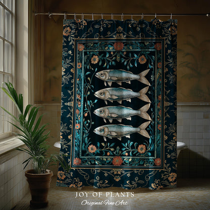 Modern Lake House Cozy Bathroom Decor | Indie Coastal Themed Shower Curtain Ocean Eclectic Sea Life Sardine Wall Art Rustic Mermaid Style