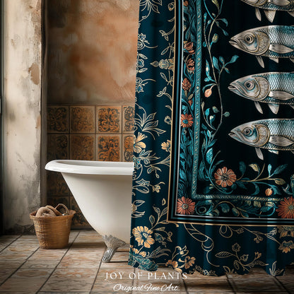 Modern Lake House Cozy Bathroom Decor | Indie Coastal Themed Shower Curtain Ocean Eclectic Sea Life Sardine Wall Art Rustic Mermaid Style
