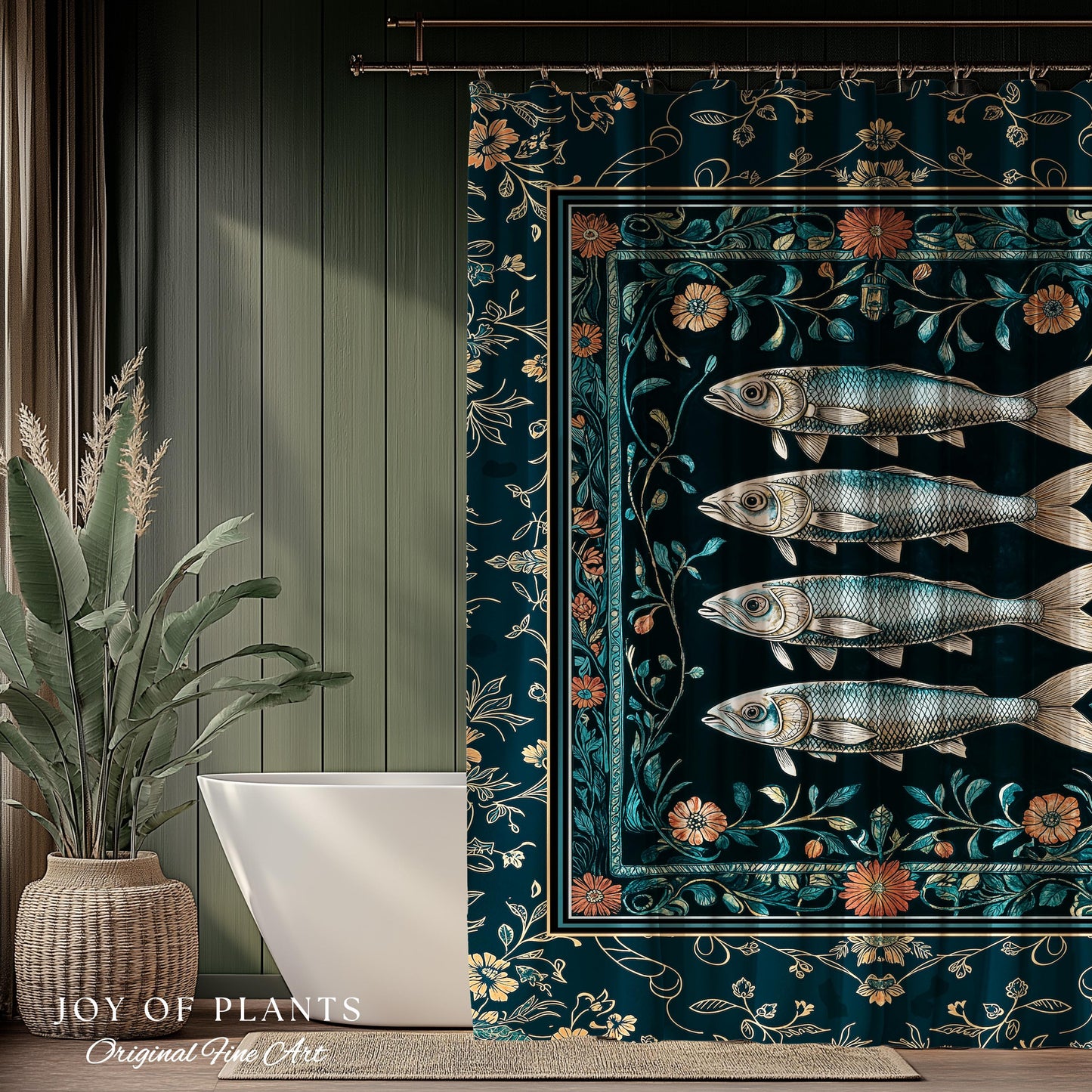 Modern Lake House Cozy Bathroom Decor | Indie Coastal Themed Shower Curtain Ocean Eclectic Sea Life Sardine Wall Art Rustic Mermaid Style
