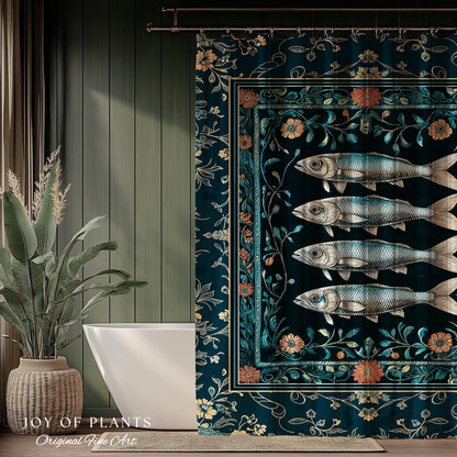 Modern Lake House Cozy Bathroom Decor | Indie Coastal Themed Shower Curtain Ocean Eclectic Sea Life Sardine Wall Art Rustic Mermaid Style