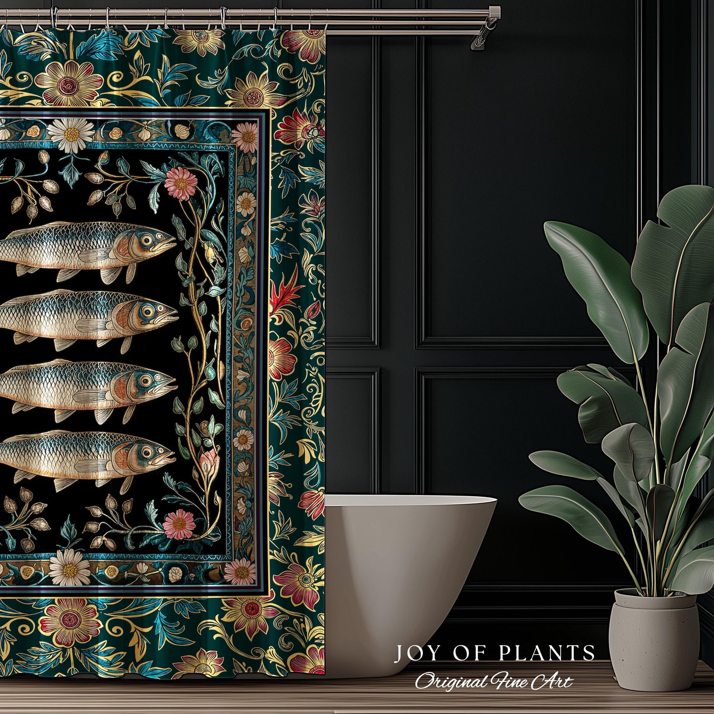 Eclectic Botanical Sardine Cozy Bathroom Decor | Nautical Lake House Shower Curtain Indie Coastal Aesthetic Oceancore Vintage Sea Life Bath